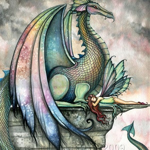 Protector Fairy and Dragon Fantasy Art - Archival Print - Molly Harrison Illustration - Watercolor, Fairies, Dragons