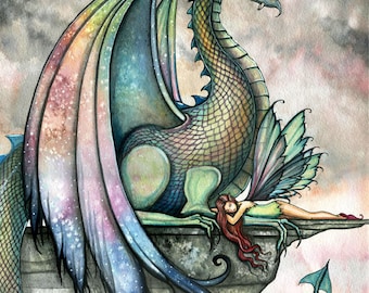 Protector Fairy and Dragon Fantasy Art - Archival Print - Molly Harrison Illustration - Watercolor, Fairies, Dragons