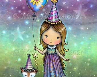 Magical Birthday Girl and Fox Cute Whimsical Fantasy Art Print by Molly Harrison