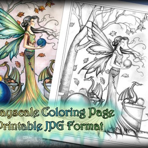 Hope Stones Fairy Dragon - Grayscale Coloring Page - Printable -  Fairy Illustration - Molly Harrison - Instant Download - Celestial Fairies