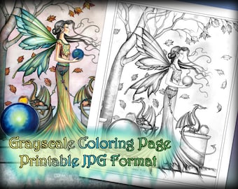 Hope Stones Fairy Dragon - Grayscale Coloring Page - Printable -  Fairy Illustration - Molly Harrison - Instant Download - Celestial Fairies