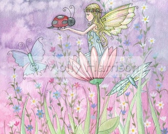 Fairy Art Print - A Friendly Encounter Flower Fairy and Ladybug Print by Molly Harrison