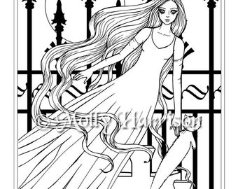Ghost Woman and Ghost Cat - Instant Download Printable - Halloween Line Art - Molly Harrison Fantasy Art