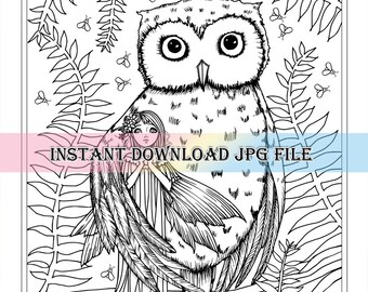 Twilight Companions Fairy and Owl - Printable Instant Download JPG File - Coloring Page - Molly Harrison Fantasy Art