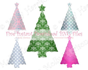 Colorful Christmas Trees - 5 Separate PNG Files 300 DPI - Personal Use Only - Molly Harrison Art