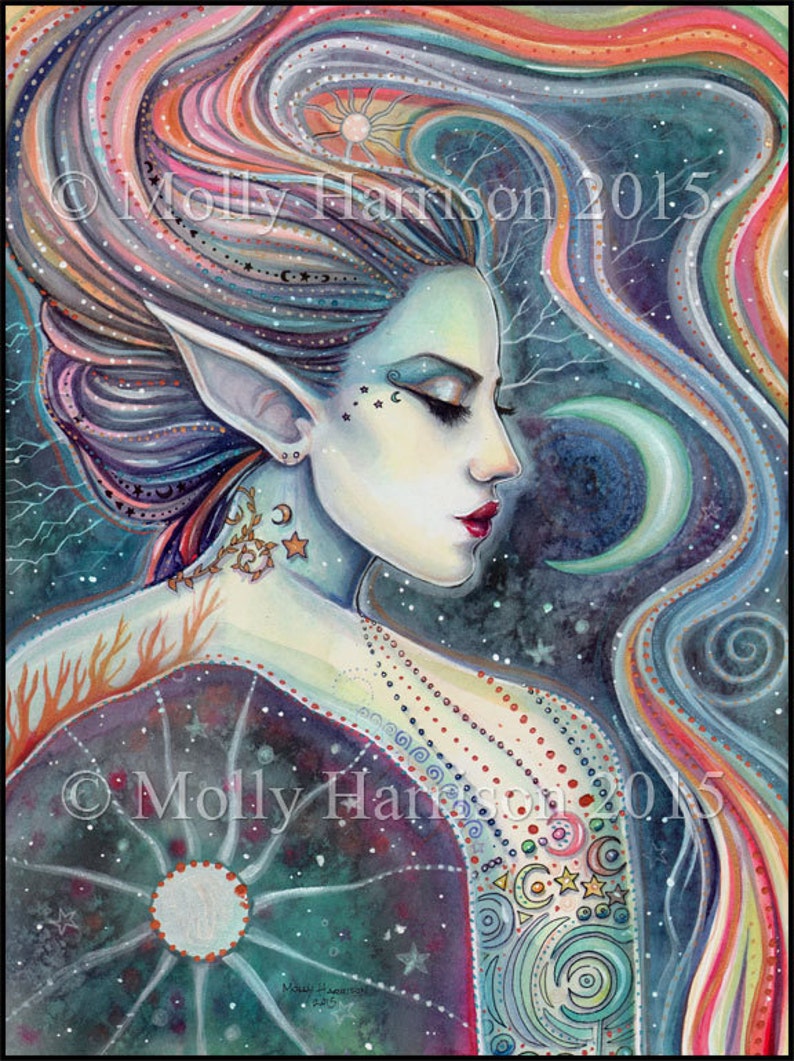 Celesta Celestial Fairy Fine Art Print Moon and Stars Watercolor Archival Print image 2