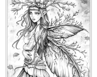 Autumn Queen Fairy - Instant Download Grayscale Printable Coloring Page by Molly Harrison - Fairy Fantasy Art