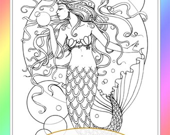 Mermaid holding Pearl or Float - Instant Download - Digital Stamp - Printable - Molly Harrison - mermaids, fantasy, fairies, mystical