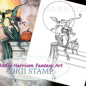 Batty Cat - Digital Stamp - Printable - Halloween Witch and Cat - Molly Harrison Fantasy Art - Digi stamp Coloring Page JPG - 8.5 x 11