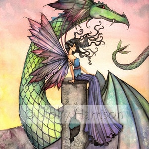 Fairy Dragon Fine Art Print by Molly Harrison 'A Distant Place' Giclee Print - Fairies, Dragons, Fantasy Artwork, Illustration