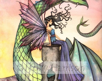 May include: A watercolor painting of a fairy sitting on a stone ledge with a green dragon curled around her. The fairy has long black hair, blue wings, and a purple dress. The dragon has green scales and a long tail. The background is a soft pink and orange.