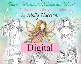 Printable Digital Download - Whimsical World #2 Coloring Book by Molly Harrison - Sweet Fairies, Mermaids, Witches and Angels