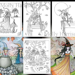 PRINTABLE -  4 Halloween Witch Cat Coloring Pages - Molly Harrison Fantasy Art - Instant Download - Adult Coloring pages