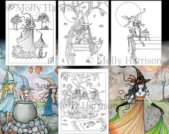 PRINTABLE -  4 Halloween Witch Cat Coloring Pages - Molly Harrison Fantasy Art - Instant Download - Adult Coloring pages