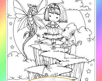 Little Girl with Dragon - Instant Download - Digital Stamp - Coloring Page - Digistamp -  Printable - Molly Harrison - Fantasy Art