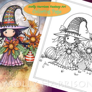 Little Halloween Sunflower Witch - Digital Stamp - Printable - Molly Harrison Fantasy Art - Digi Stamp / Coloring Page - Instant Download