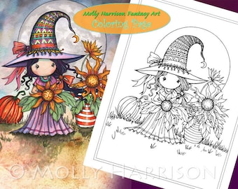 Little Halloween Sunflower Witch - Digital Stamp - Printable - Molly Harrison Fantasy Art - Digi Stamp / Coloring Page - Instant Download