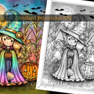 Whimsical Rainbow Witch - Grayscale Coloring Page - Molly Harrison - Printable Instant Download - Halloween Coloring Pages