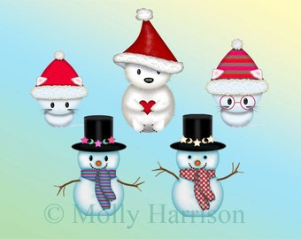 Cute Chirstmas Clipart - 1 PNG File / FIVE Images - Clipart -  Clip Art -  Digistamp - Snowman, Polar Bear, Kittens - Instant Download