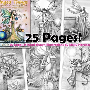 Printable Digital Download - Winged Things - A GRAYSCALE Coloring Book for Grownups - Molly Harrison Fantasy Art