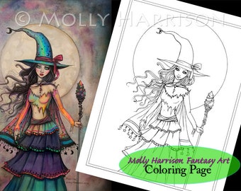 Digital Stamp Printable Coloring Page Fantasy Art Witch - Etsy