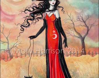 May include: Watercolor painting of a witch in a red dress and black cape, wearing a tall red hat. A black cat sits at her feet. The background features a full moon, bare trees, and a field. The artist's name and year are visible.