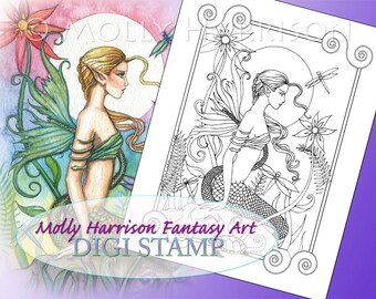Tropical Mermaid  - Digital Stamp - PRINTABLE - Instant Download- Mermaid Art - Molly Harrison Fantasy Art - Digistamp Coloring Page