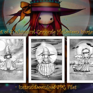 Printable- Set of 3 Halloween Themed GRAYSCALE Coloring Pages - Whimsical - JPG Format - Digistamps - Coloring Fun