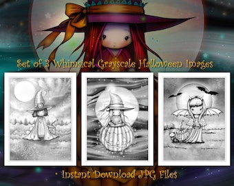 Printable- Set of 3 Halloween Themed GRAYSCALE Coloring Pages - Whimsical - JPG Format - Digistamps - Coloring Fun
