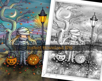 The Mummy - Grayscale Coloring Page - Molly Harrison - Printable Instant Download - Halloween Coloring Pages