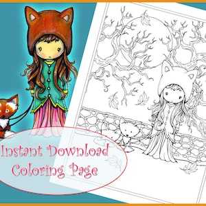 Fox Girl - Printable Coloring Page - Whimsical Girl with Foxes - Cute Fantasy Art - Molly Harrison Fantasy Art - Instant Download