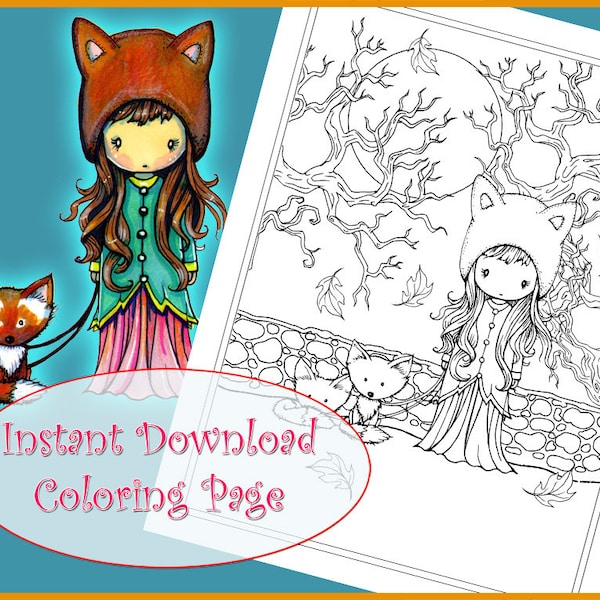 Fox Girl - Printable Coloring Page - Whimsical Girl with Foxes - Cute Fantasy Art - Molly Harrison Fantasy Art - Instant Download