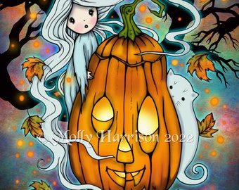 The Ghost and the Giant Pumpkin -  Cute Ghost and Ghost Cat with jack-o-lantern - Halloween Art by Molly Harrison