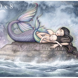 Mermaid Art Mermaid Print Sweet Moment of Bliss Mother and Baby Mermaids Nursery Art 8 x 10 inches