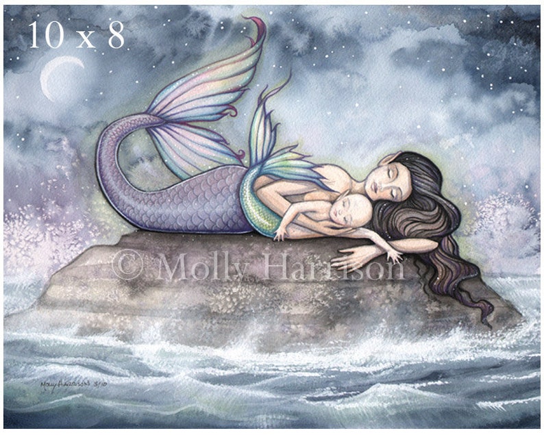 Mermaid Art Mermaid Print Sweet Moment of Bliss Mother and Baby Mermaids Nursery Art 8 x 10 inches