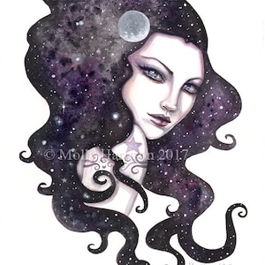 Night Skye - Celestial Woman - Wicca, Wiccan - Watercolor Giclee Fantasy Art Print by Molly Harrison