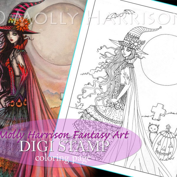 The Fanciful Witch - Digital Stamp - Printable - Halloween Witch and Cat - Fantasy Art - Digi stamp Coloring Page JPG - 8.5 x 11