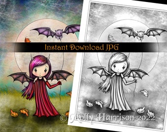 Little Vampire Girl with Flying Cat - Grayscale Coloring Page - Molly Harrison - Printable Instant Download - Halloween Coloring Pages