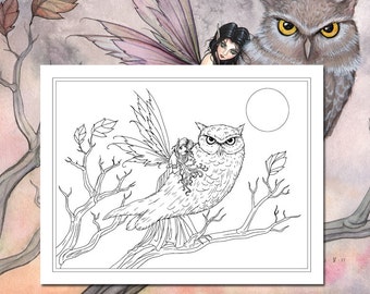 Kit and Clowder RESERVED listing - Friendship Fairy and Owl - Printable - Adult Coloring Page - Molly Harrison Fantasy Art