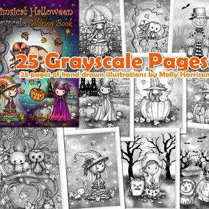 Whimsical Halloween GRAYSCALE - Instant Download PDF Coloring Book - Adorable Witches, Cats, Ghosts, Owls, Halloween and Autumn Themes