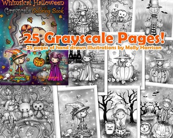 Whimsical Halloween GRAYSCALE - Instant Download PDF Coloring Book - Adorable Witches, Cats, Ghosts, Owls, Halloween and Autumn Themes