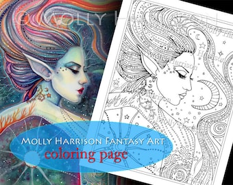 Celesta - Digital Stamp - Printable - Adult Coloring Page - Molly Harrison Fantasy Art - Digistamp Coloring Page - 8.5 x 11