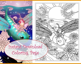 Dragonfly Rider- Printable Coloring Page - Whimsical Little Fairy Riding a Dragonfly - Molly Harrison Fantasy Art - Instant Download