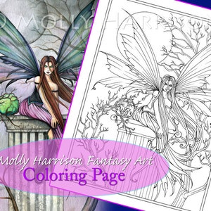 Magical Green Sphere - Coloring Page - Printable - Fantasy Fairy Art - Molly Harrison Fantasy Art - Digistamp - Digi Stamp, fairies, faery