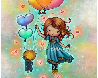 Drifting Heart Pals - Cute Little girl and Orange Kitty With Balloons in the Sky - Archival Print- Whimsical Art by Molly Harrison