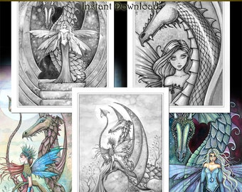 Set of 3 Fairies with Dragons GRAYSCALE Printable Instant Download Coloring Pages by Molly Harrison -  Coloring Pages, Adult Coloring