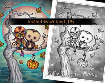 Birds of a Feather Owl and Masked Girl - Grayscale Coloring Page - Molly Harrison - Printable Instant Download - Halloween Coloring Pages