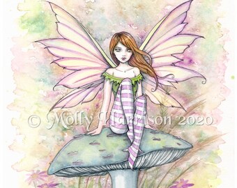 Spring Fairy Art Print – Fantasy Fae Sitting on Mushroom