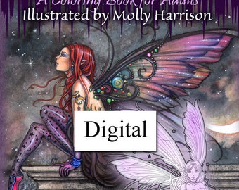 May include: A digital coloring book for adults featuring a fairy with wings and a crescent moon. The book is titled "Fairyland" and illustrated by Molly Harrison. The text "Digital" and "25 Pages to Color!" are also included in the image.