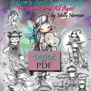 Printable Digital Download - Whimsical Wonders - A Grayscale Coloring Book for Adults and All Ages - Sweet Fairies, Mermaids, Witches
